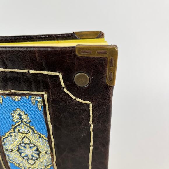 Leather Bound Hand Made Journal with Inset Woven Applique & Brass Corners - Picture 2 of 7